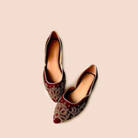 Maroon Ballet Flats In Velvet With Dull Gold Double Beaded Work In Ethnic Motif Online By Sole House