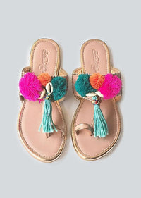 Baby Pink Kolhapuri Flats With Accents Of Multicoloured Pompoms, Shells And Tassels Online By Sole House