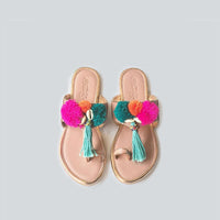 Baby Pink Kolhapuri Flats With Accents Of Multicoloured Pompoms, Shells And Tassels Online By Sole House