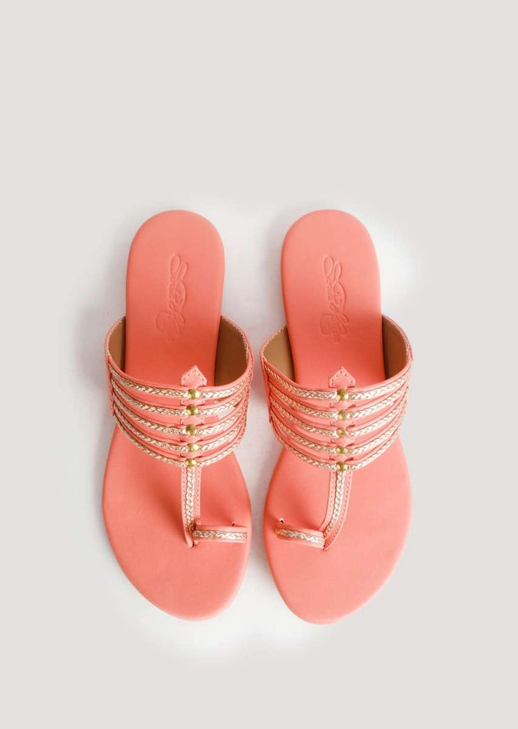 Peach Kolhapuri With Gold Braiding And Gold Rivers By Sole House