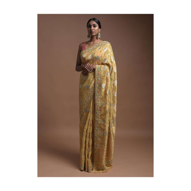 Daffodil Yellow Banarasi Saree In Georgette With Golden And Silver Weaved Floral Jaal Online - Kalki Fashion