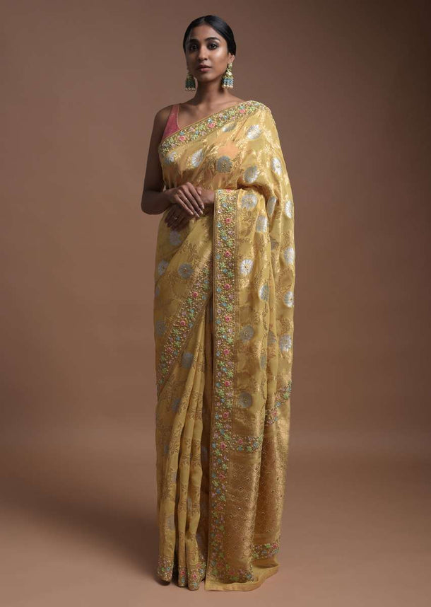 Daffodil Yellow Banarasi Saree In Georgette With Golden And Silver Weaved Floral Jaal Online - Kalki Fashion