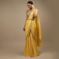 Daffodil Yellow Ready Pleated Mermaid Cut Saree In Satin With Bandhani Print And Sequins Embroidered Crop Top