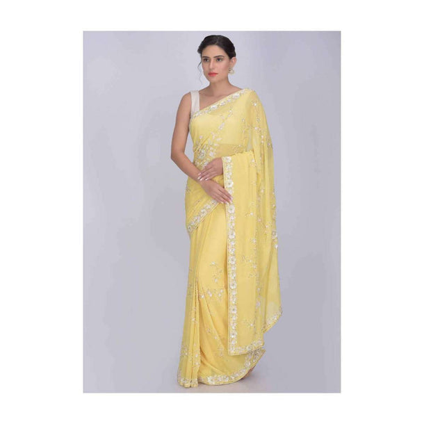 Daffodil Yellow Saree In Chiffon With Matching Blouse Piece Online - Kalki Fashion