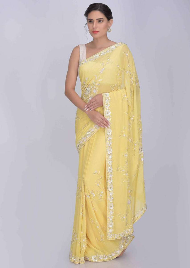 Daffodil Yellow Saree In Chiffon With Matching Blouse Piece Online - Kalki Fashion