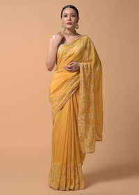 Daffodil Yellow Saree In Organza With Moti And Cut Dana Embellished Floral Design On The Border Online - Kalki Fashion