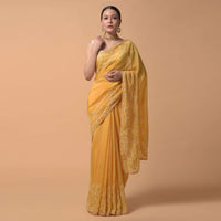 Daffodil Yellow Saree In Organza With Moti And Cut Dana Embellished Floral Design On The Border Online - Kalki Fashion