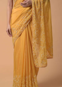 Daffodil Yellow Saree In Organza With Moti And Cut Dana Embellished Floral Design On The Border Online - Kalki Fashion