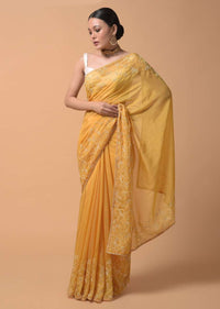 Daffodil Yellow Saree In Organza With Moti And Cut Dana Embellished Floral Design On The Border Online - Kalki Fashion