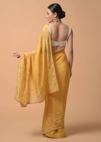 Daffodil Yellow Saree In Organza With Moti And Cut Dana Embellished Floral Design On The Border Online - Kalki Fashion