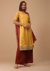 Daffodil Yellow Embroidered Bandhani Printed Cotton Palazzo Suit With Printed Dupatta