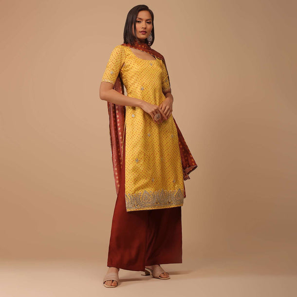 Daffodil Yellow Embroidered Bandhani Printed Cotton Palazzo Suit With Printed Dupatta