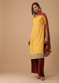 Daffodil Yellow Embroidered Bandhani Printed Cotton Palazzo Suit With Printed Dupatta