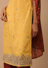 Daffodil Yellow Embroidered Bandhani Printed Cotton Palazzo Suit With Printed Dupatta
