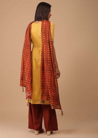Daffodil Yellow Embroidered Bandhani Printed Cotton Palazzo Suit With Printed Dupatta