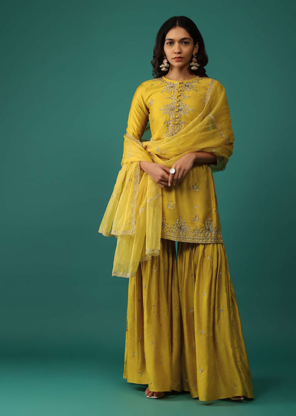 Daffodil Yellow Embroidered Kurti And Sharara Set In Chanderi Silk