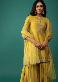 Daffodil Yellow Embroidered Kurti And Sharara Set In Chanderi Silk