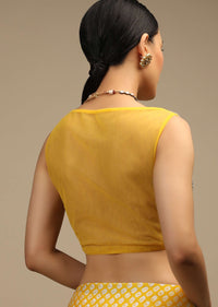 Daffodil Yellow Ready Pleated Mermaid Cut Saree In Satin With Bandhani Print And Sequins Embroidered Crop Top