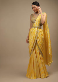 Daffodil Yellow Ready Pleated Mermaid Cut Saree In Satin With Bandhani Print And Sequins Embroidered Crop Top