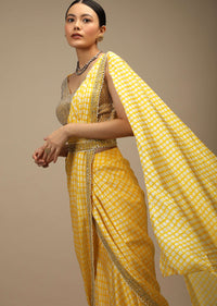 Daffodil Yellow Ready Pleated Mermaid Cut Saree In Satin With Bandhani Print And Sequins Embroidered Crop Top