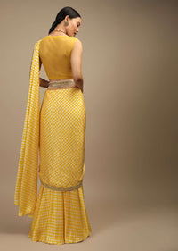 Daffodil Yellow Ready Pleated Mermaid Cut Saree In Satin With Bandhani Print And Sequins Embroidered Crop Top