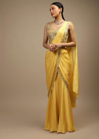 Daffodil Yellow Ready Pleated Mermaid Cut Saree In Satin With Bandhani Print And Sequins Embroidered Crop Top