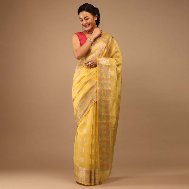 Daffodil Yellow Saree In Banarsi Chanderi And Pure Handloom Cotton