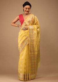Daffodil Yellow Saree In Banarsi Chanderi And Pure Handloom Cotton