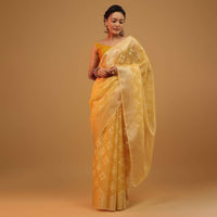 Daffodil Yellow Saree In Cotton With Woven Geometrical Patterns In Banarasi Chanderi