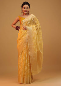 Daffodil Yellow Saree In Cotton With Woven Geometrical Patterns In Banarasi Chanderi