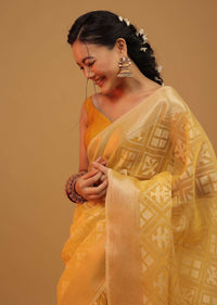 Daffodil Yellow Saree In Cotton With Woven Geometrical Patterns In Banarasi Chanderi