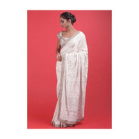 Daisy White Saree In Georgette With Hand Embroidered Lucknowi And Badla Work  Online - Kalki Fashion