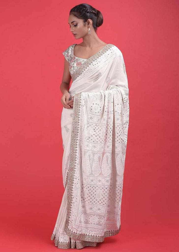 Daisy White Saree In Georgette With Hand Embroidered Lucknowi And Badla Work  Online - Kalki Fashion