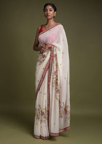 Daisy White Saree In Georgette With Velvet Patchwork And Zari Work In Floral Motifs Online - Kalki Fashion