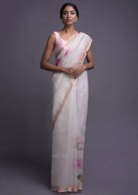 Daisy White Saree In Organza With Floral Print Online - Kalki Fashion