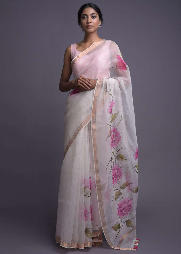 Daisy White Saree In Organza With Floral Print Online - Kalki Fashion