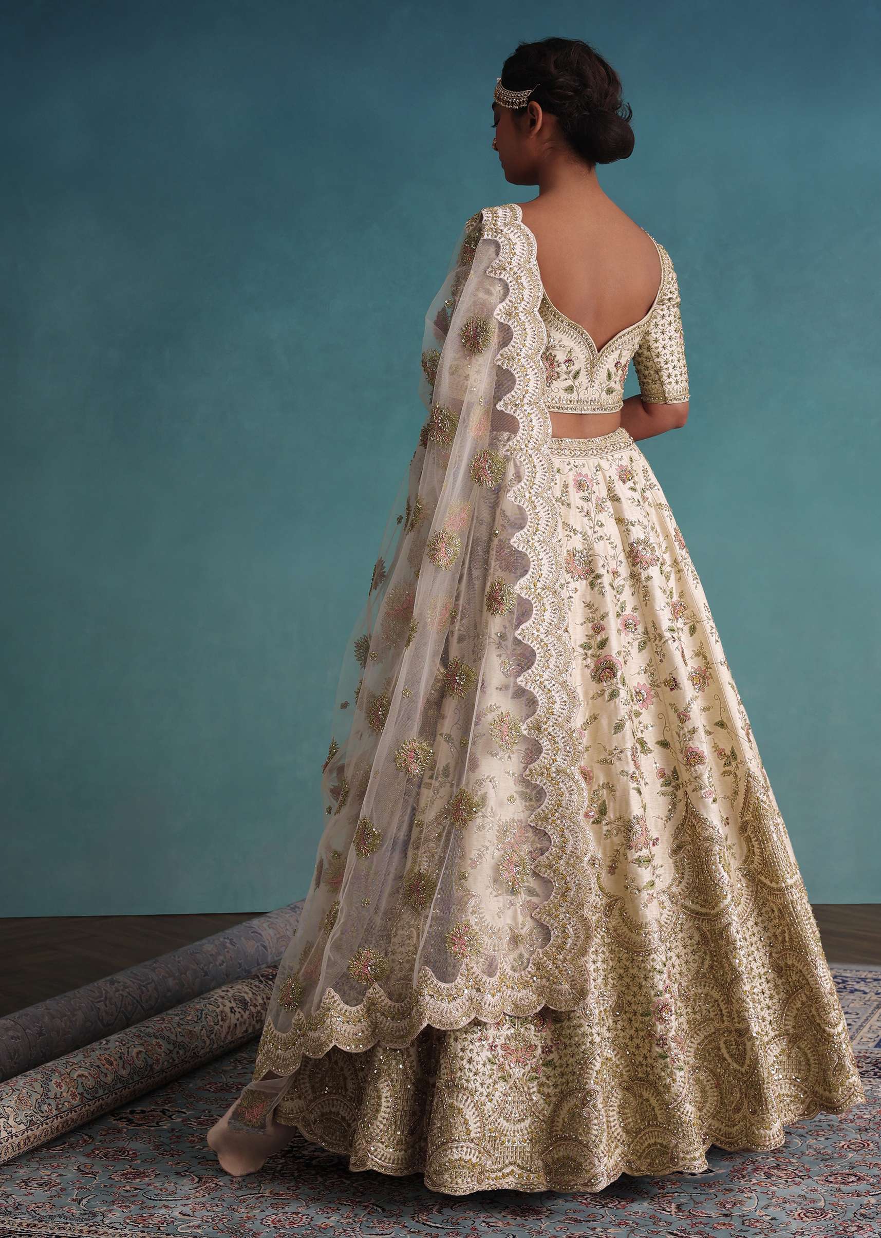 Daisy White Embroidered 12 Kali Bridal Lehenga In Raw Silk With Floral Hand Embroidery