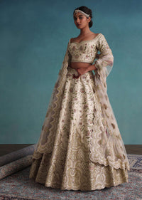 Daisy White Embroidered 12 Kali Bridal Lehenga In Raw Silk With Floral Hand Embroidery