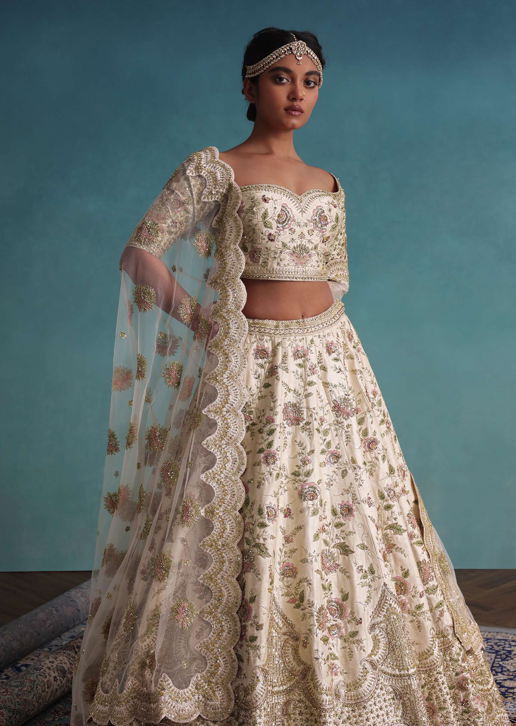 Daisy White Embroidered 12 Kali Bridal Lehenga In Raw Silk With Floral Hand Embroidery