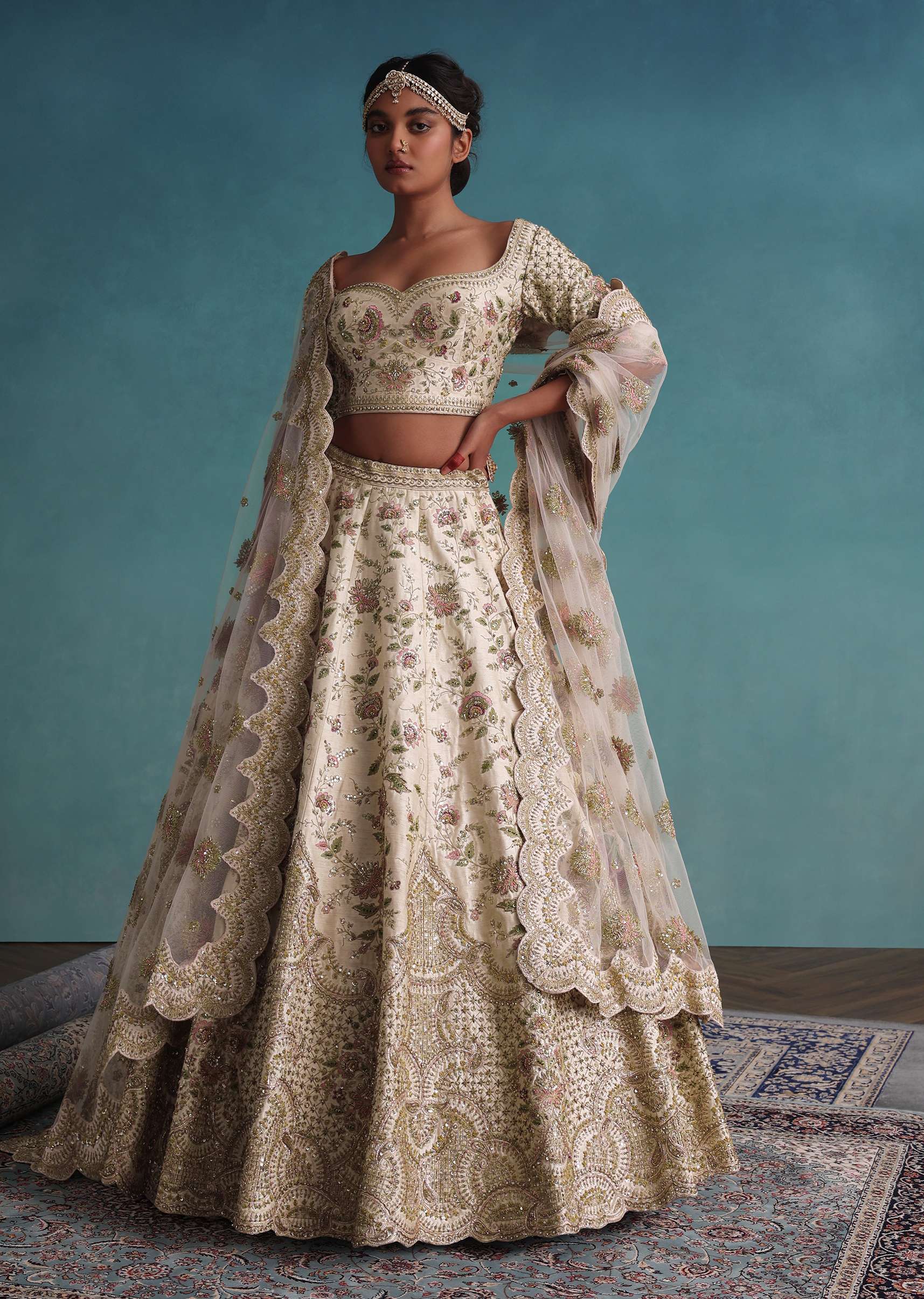 Daisy White Embroidered 12 Kali Bridal Lehenga In Raw Silk With Floral Hand Embroidery