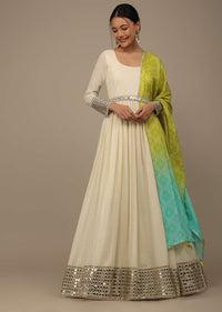 Daisy White Embroidered Anarkali Suit In Georgette With Yellow-Green Ombre Bandhani Dupatta