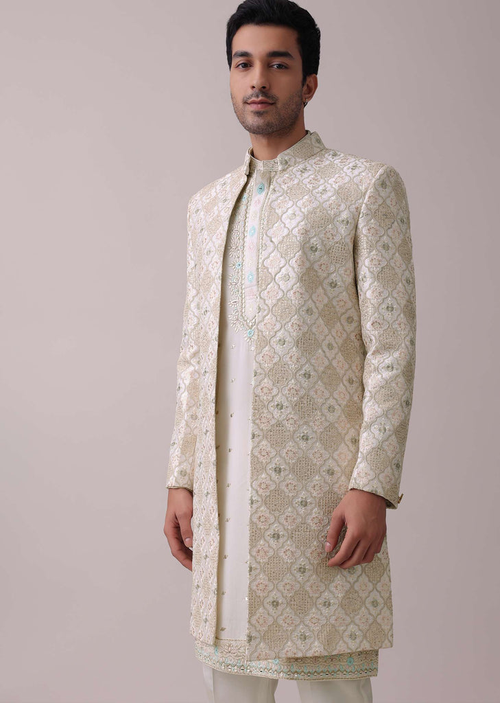 Daisy White Embroidered Indowestern Sherwani Set In Silk
