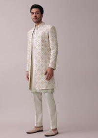 Daisy White Embroidered Indowestern Sherwani Set In Silk