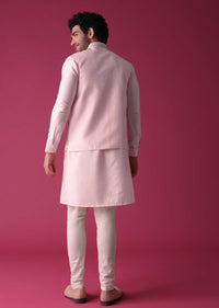 Candy Pink Jacket Kurta Set In Silk With Threadwork