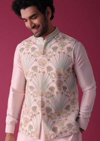 Candy Pink Jacket Kurta Set In Silk With Threadwork