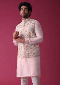 Candy Pink Jacket Kurta Set In Silk With Threadwork