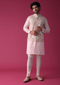 Candy Pink Jacket Kurta Set In Silk With Threadwork