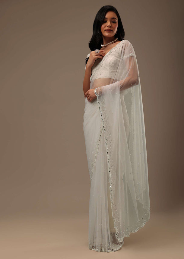 Daisy White Net Fabricated Saree With Mirror Work