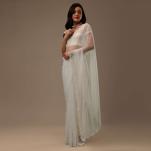 Daisy White Net Fabricated Saree With Mirror Work