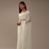 Daisy White Organza Saree With Mirror And Cut Dana Embroiderey